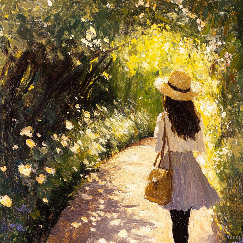 A serene and idyllic scene of a woman strolling through a garden path surrounded by lush greenery and vibrant flowers.