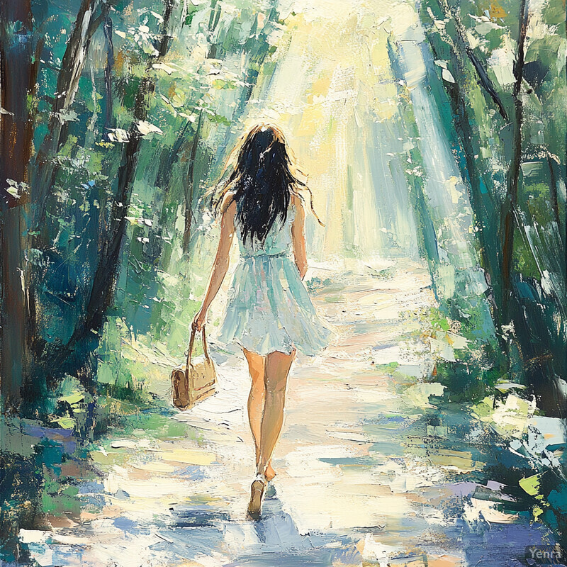 A woman walking down a forest path