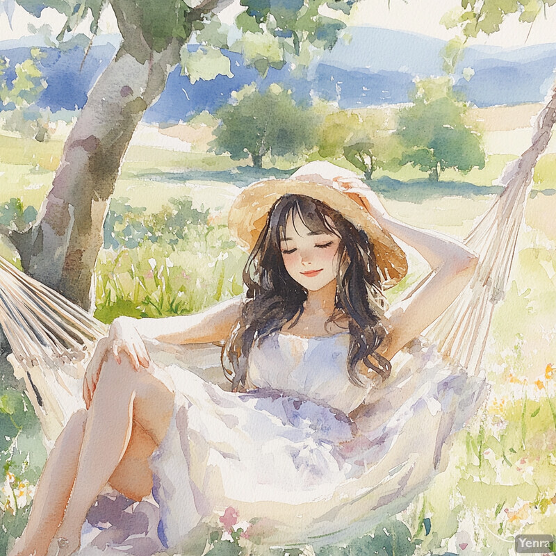 A watercolor painting of a woman reclining in a hammock amidst greenery and flowers.