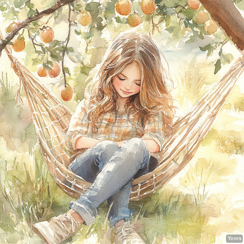 A young girl sitting in a hammock under an orange tree