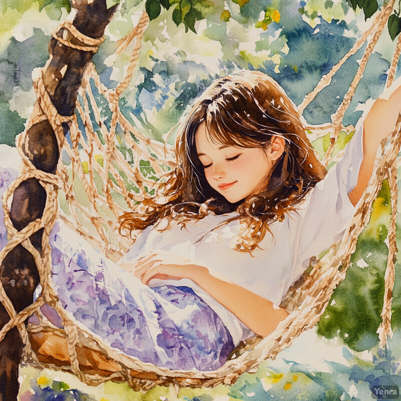 A young girl reclines in a hammock surrounded by nature