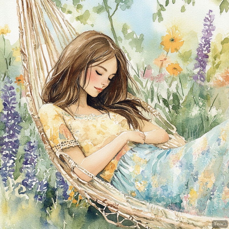 A young girl relaxes in a hammock surrounded by flowers