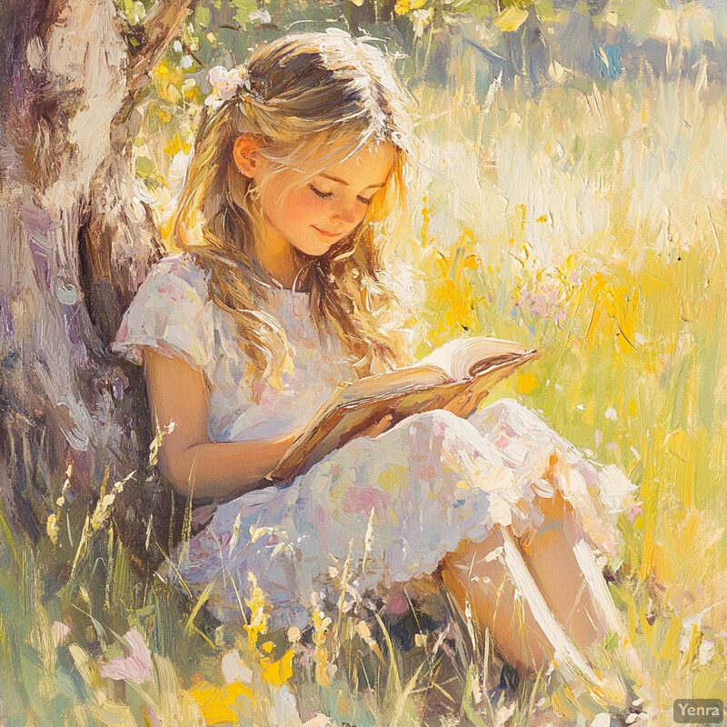 A young girl sits in a field of wildflowers, reading a book with a peaceful expression on her face.