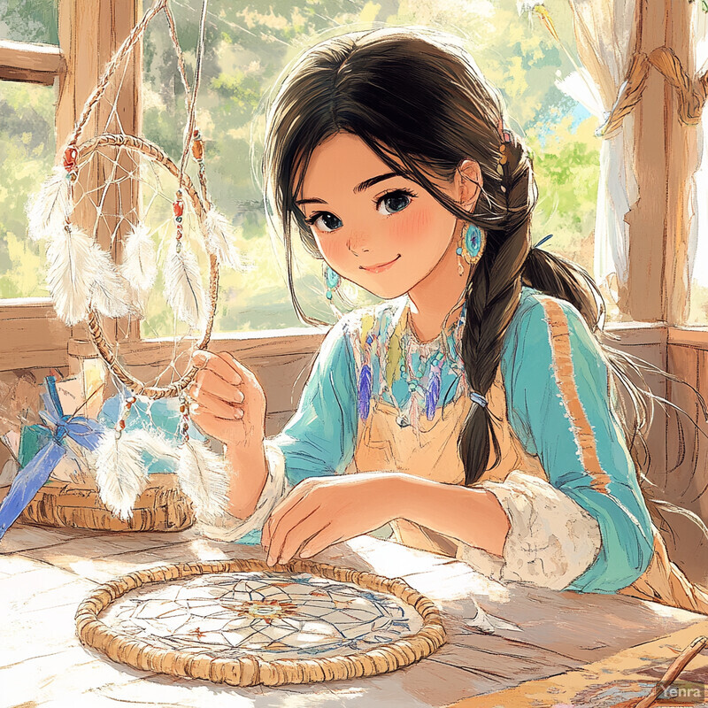 A young girl making a dreamcatcher at a table by a window.