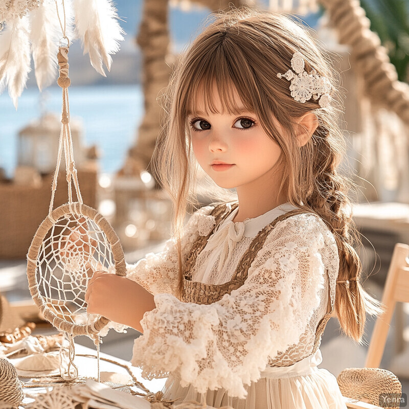 A young girl proudly displays her handmade dreamcatcher at an outdoor craft fair or festival, showcasing her artistic skills and connection to traditional culture.