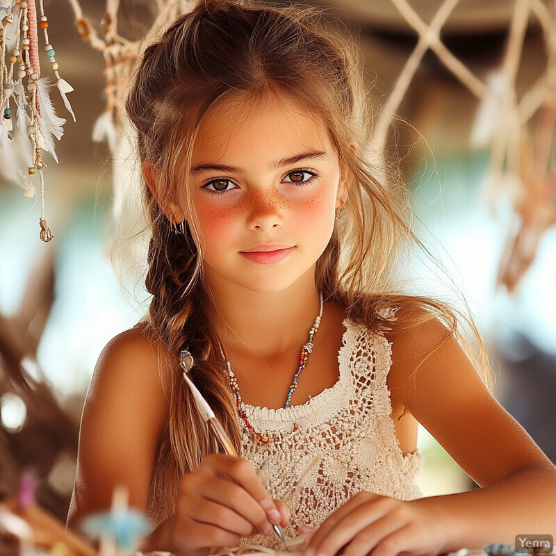 A young girl paints or draws in an outdoor setting.