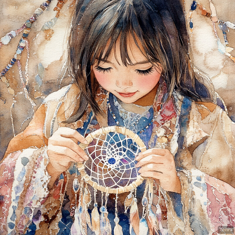 A young girl holds a dreamcatcher, believed to protect against bad dreams