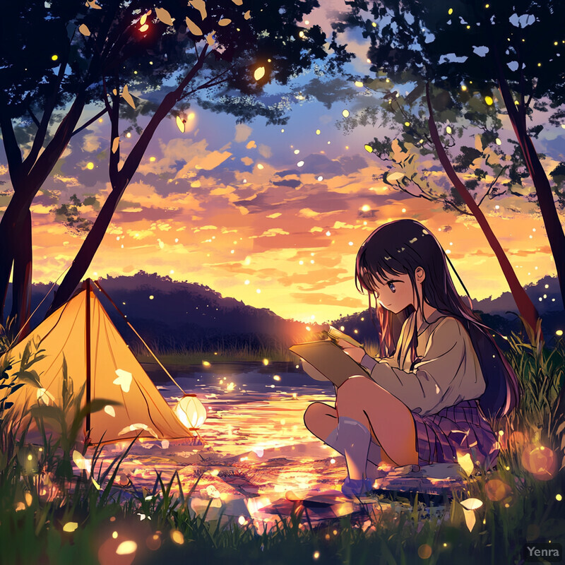 A serene scene of a girl sitting by a lake at dusk, surrounded by trees and fireflies.