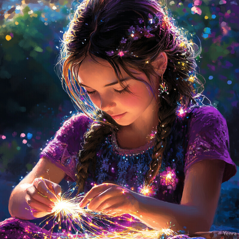 A young girl with braids and flowers in her hair, holding sparklers