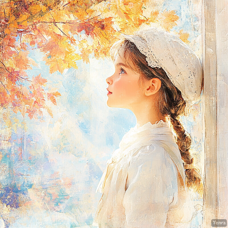 A young girl with long brown hair and bangs, dressed in a white lace headband and a long-sleeved white dress with a ruffled collar and cuffs, stands amidst an autumnal backdrop.