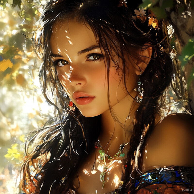 A serene portrait of a woman amidst lush foliage