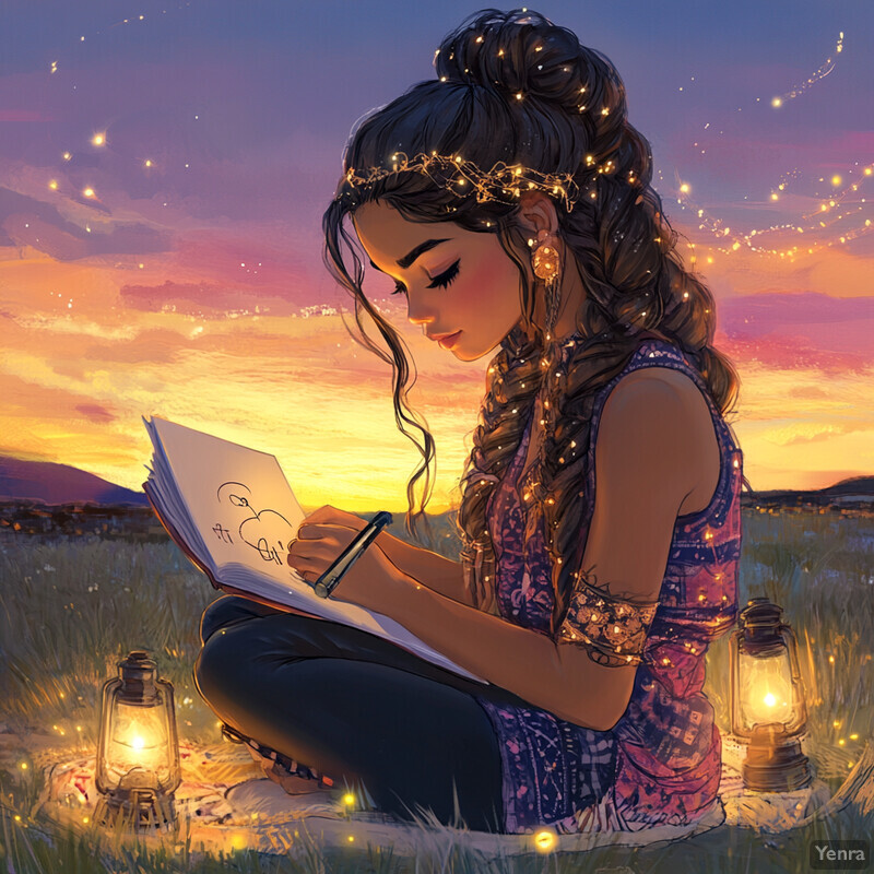 A woman sits in a field at dusk, sketching with a pencil while surrounded by fireflies.