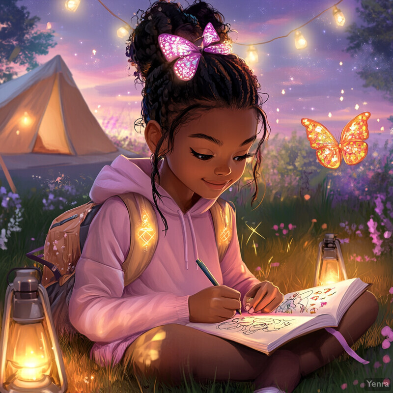 A young girl sits on the grass, coloring in a book surrounded by flowers and trees at dusk.