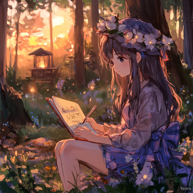 A young girl sits in a forest clearing at dusk, surrounded by tall trees and lush greenery. She is dressed in a flowing white dress with intricate lace details, complemented by a delicate silver necklace and holding a large book with handwritten notes.