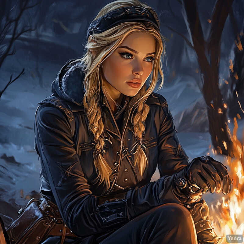 A young woman sits by a campfire or bonfire, dressed in dark attire and gazing at the flames.