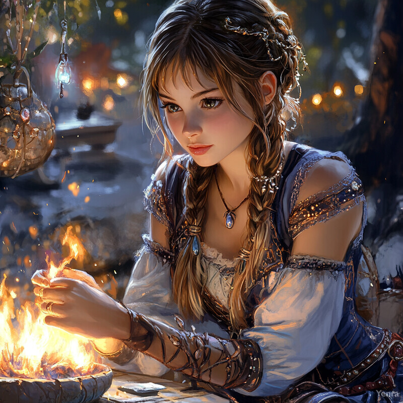 A woman in medieval attire sits at a table surrounded by candles, gazing down at something in front of her.