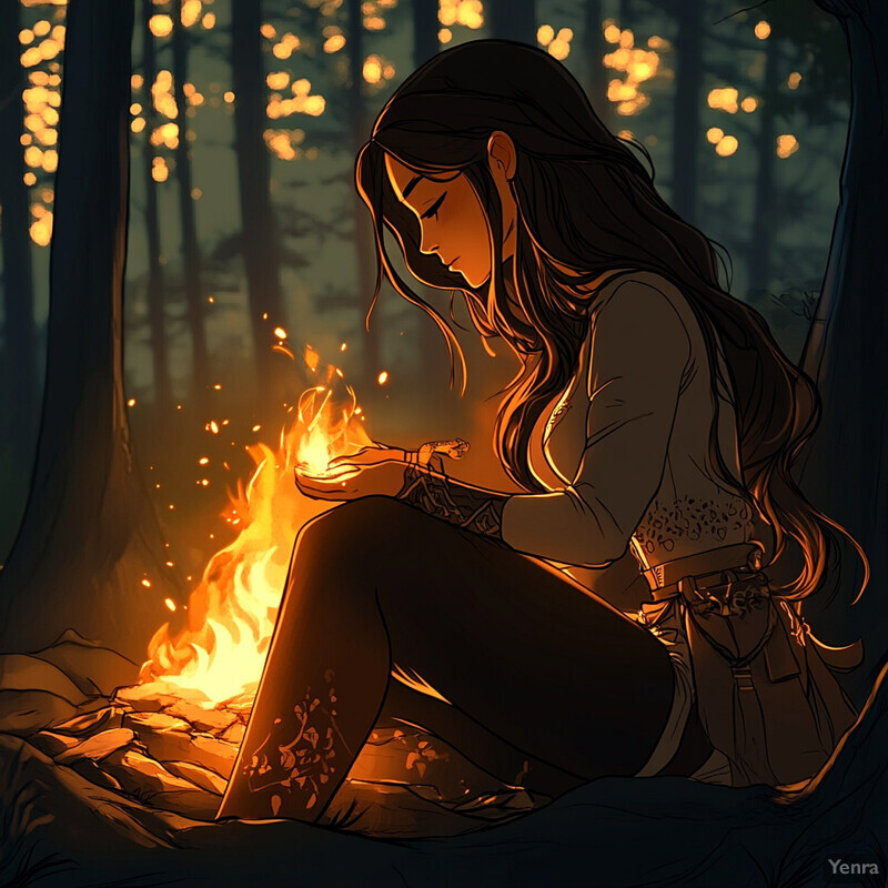 A serene forest scene with a woman sitting beside a fire, observing a bird.