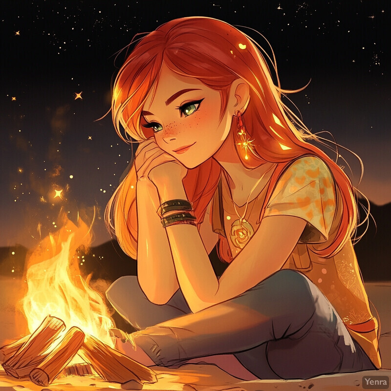 A serene scene of a woman sitting by a campfire at night, surrounded by nature.