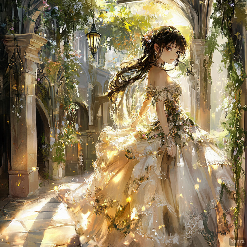 Anime-style illustration of a woman in a white dress standing on a stone-tiled floor surrounded by greenery and flowers