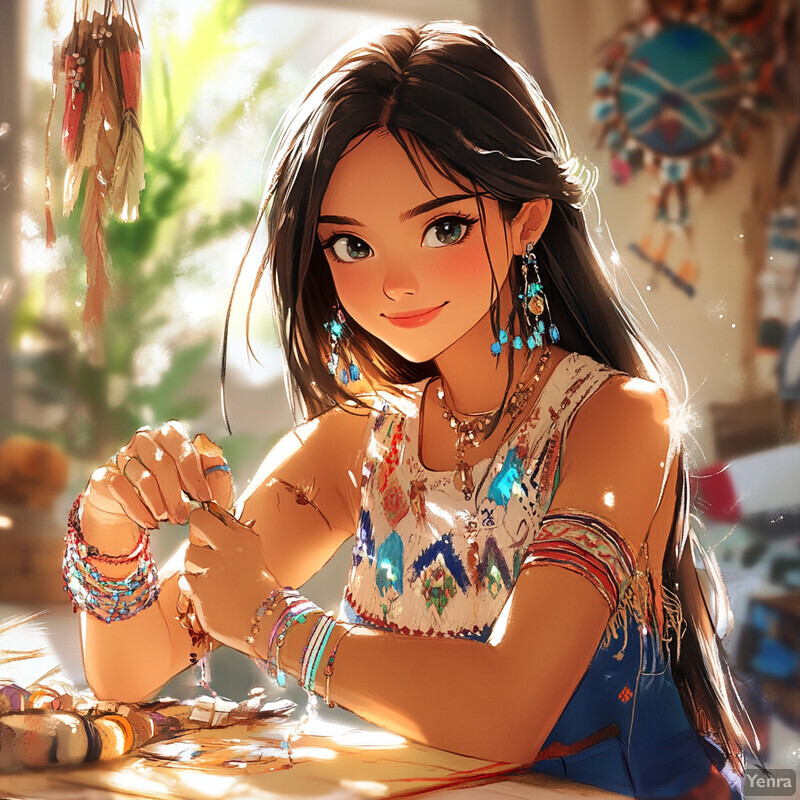 A young woman with long dark hair and brown eyes sits at a table surrounded by various objects, wearing a white sleeveless top with colorful geometric patterns.