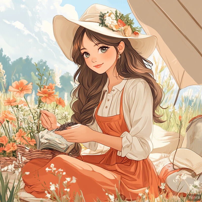 A serene and idyllic scene of a woman in an orange dress sitting amidst wildflowers