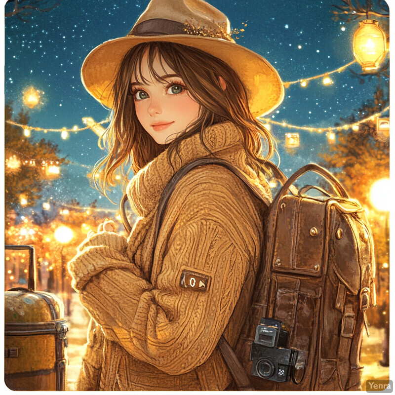 A young woman with long brown hair and green eyes, wearing a tan sweater and hat, carrying a large backpack with a camera attached to it in an outdoor setting.