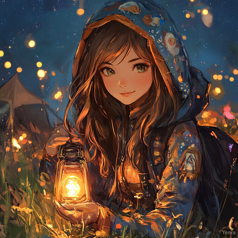 A young girl with long brown hair and green eyes holding a lantern in a dark sky filled with yellow dots