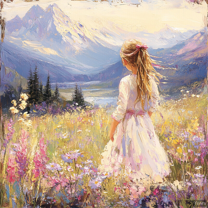 A young girl stands amidst a vibrant wildflower meadow, gazing at distant mountains under a clear blue sky.