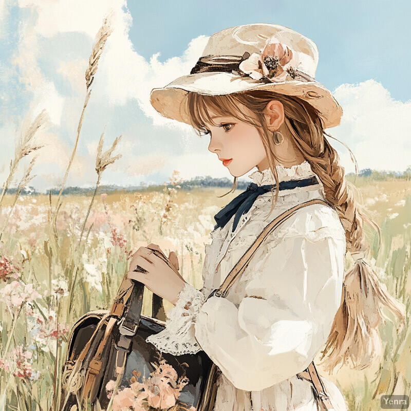 A young woman stands in an enchanting meadow surrounded by tall grasses and wildflowers