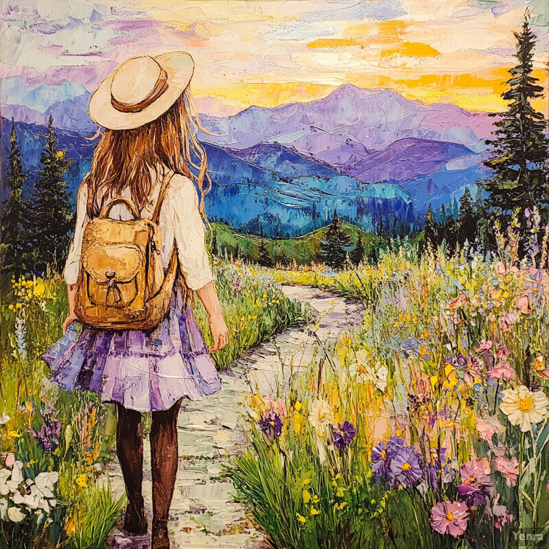 A young girl stands in an enchanted meadow surrounded by wildflowers and trees, bathed in sunlight and filled with peace and tranquility.