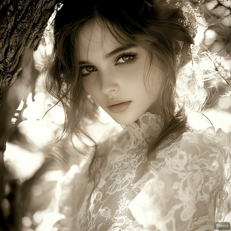 A young woman with green eyes and long dark hair, wearing a white lace dress, gazing directly at the camera in a serene and elegant atmosphere.