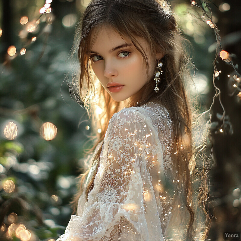 Ethereal portrait of a young woman in a white lace dress