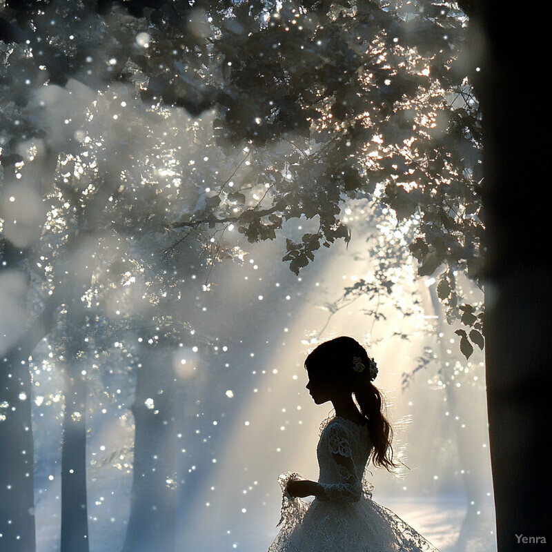 A woman in a white wedding dress stands in a forest, surrounded by trees and sunlight.