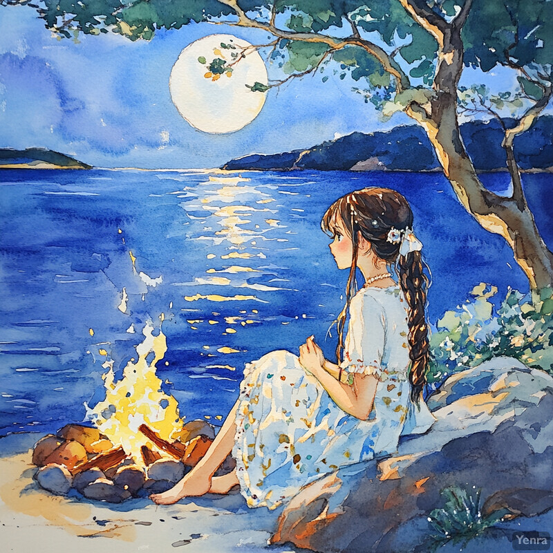 A woman sits by the ocean under the full moon, wearing an elegant floral dress and holding something in her hands.