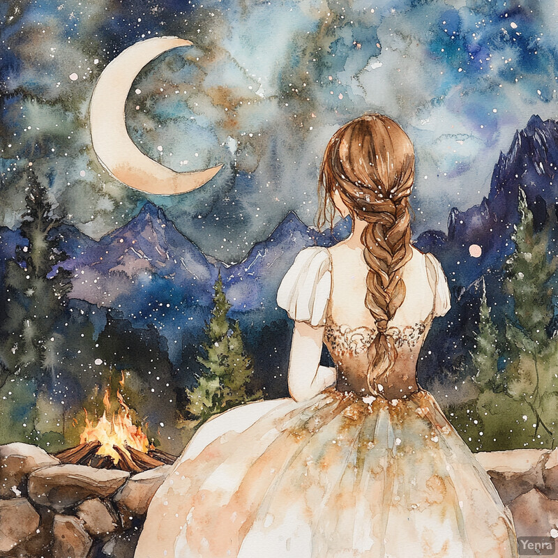 A serene and enchanting scene of a woman gazing at a starry night sky