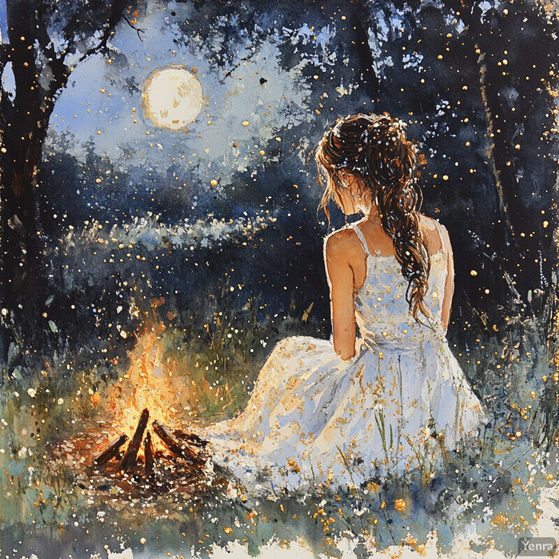 A woman sits by a campfire at night, surrounded by trees under a full moon.