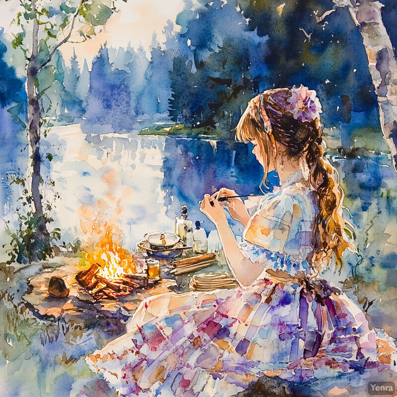 A woman paints by a lake surrounded by trees.