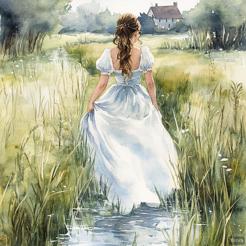 Woman walking through grass towards a house