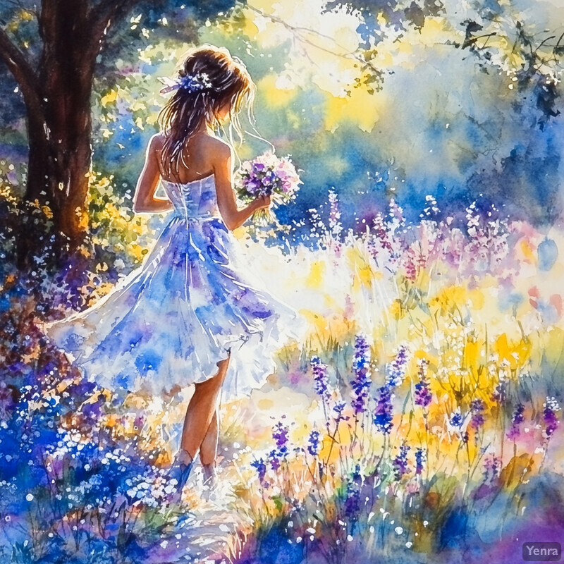 A young girl in a white dress walking through a field of wildflowers