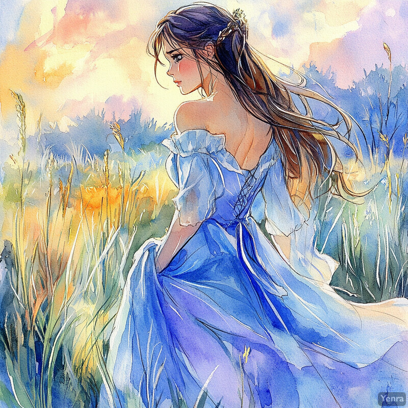 Ethereal watercolor painting of a woman standing amidst tall grasses and wildflowers