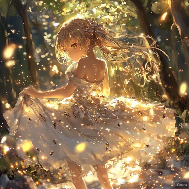 Ethereal Evocation: A serene illustration of an anime-style woman amidst fireflies and trees