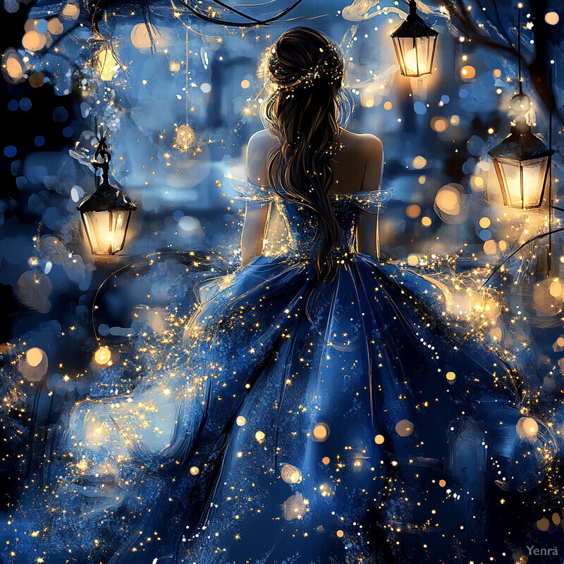 A woman in a blue dress stands confidently amidst lantern-adorned trees.