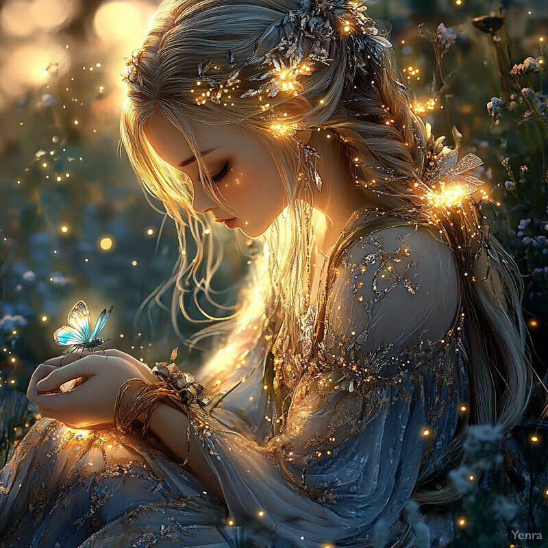 A woman surrounded by fireflies in a field, exuding an ethereal ambiance.