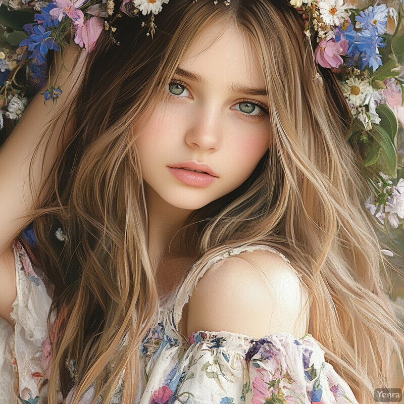 A young girl with long blonde hair and green eyes wearing a floral wreath and dress