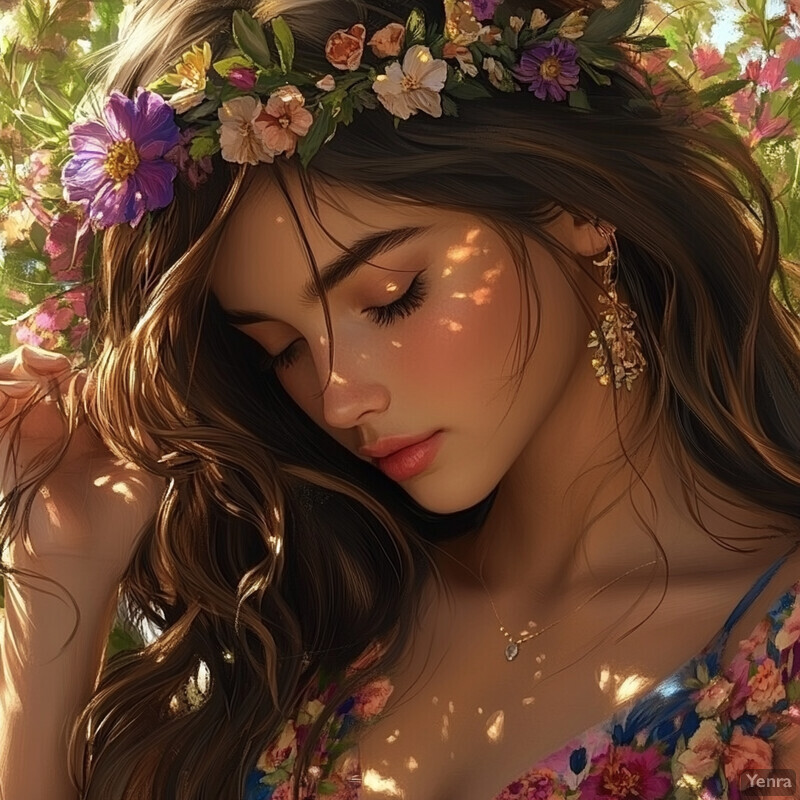 A serene and idyllic scene of a woman adorned with flowers in her hair, surrounded by lush greenery and vibrant blooms.