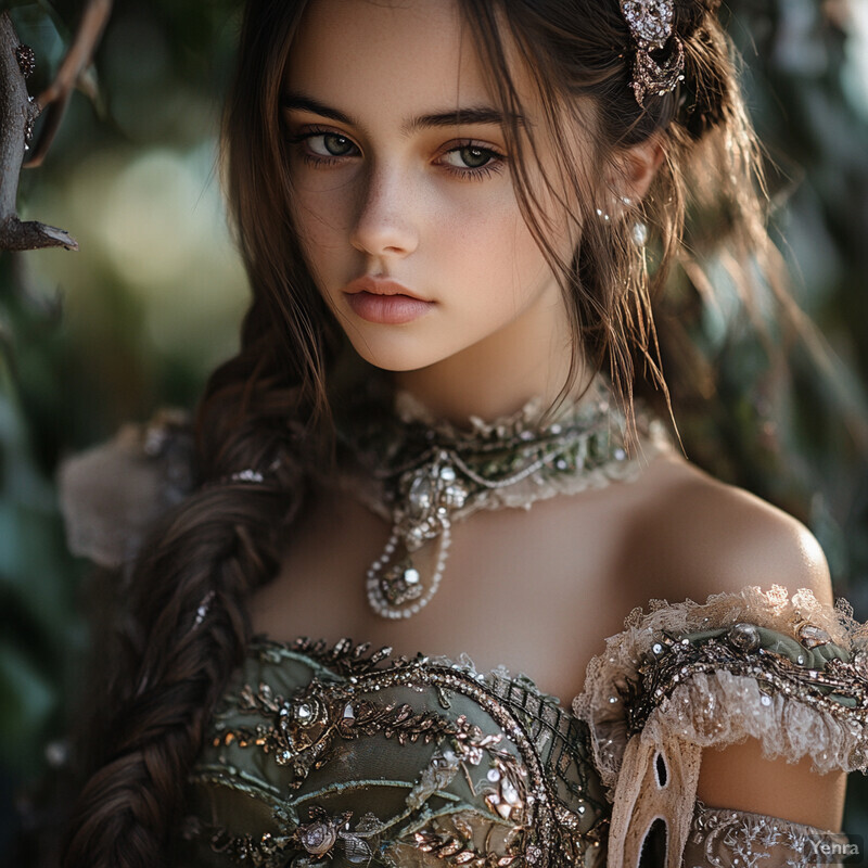 A young girl with fair skin and long brown hair wears an intricately decorated green dress and choker, standing outside in what appears to be a forest or woodland area.