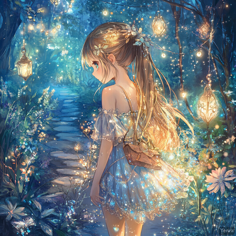 A young girl stands in a forest clearing, surrounded by lush greenery and vibrant flowers, exuding an air of innocence and wonder.