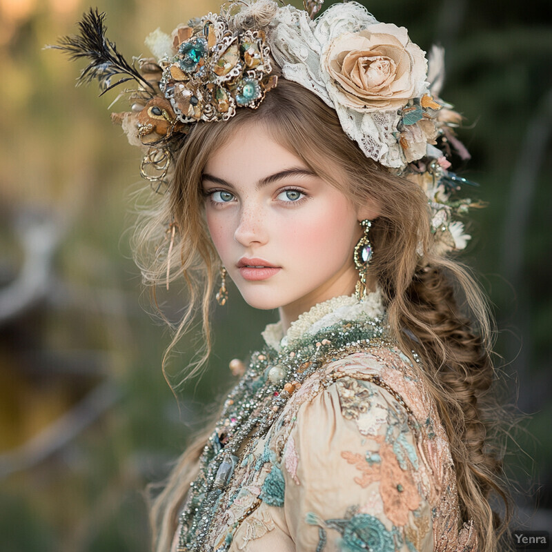 A young girl in a floral headpiece and matching dress stands in front of a tree trunk, surrounded by nature's beauty.