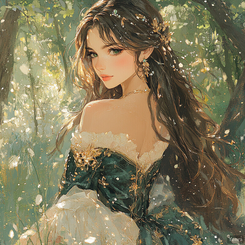 A serene portrait of a woman in a white dress surrounded by lush greenery