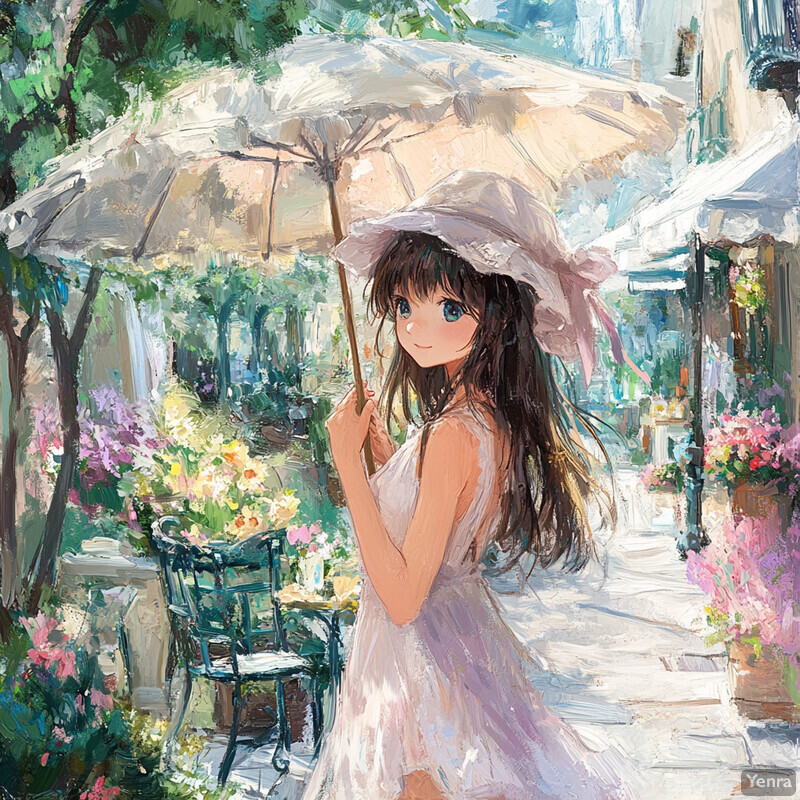 A young woman stands beside a cafe, holding an open umbrella and surrounded by vibrant flowers and lush greenery.